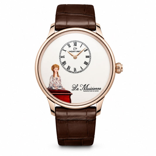 Watch with brown leather strap and white face displaying a musical scene.