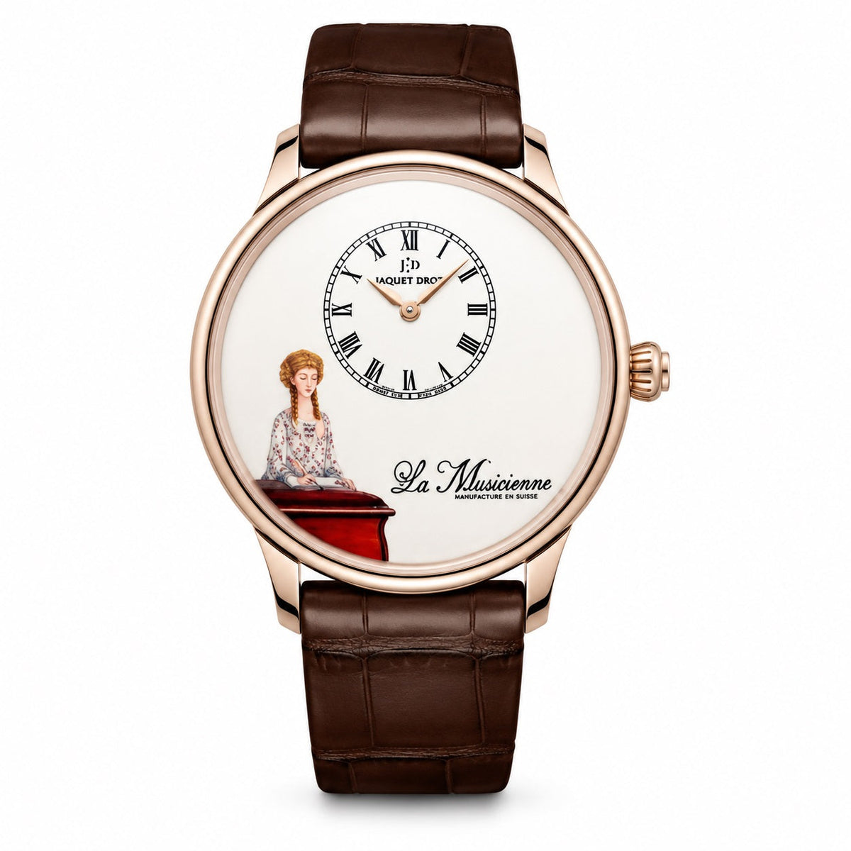 Watch with brown leather strap and white face displaying a musical scene.