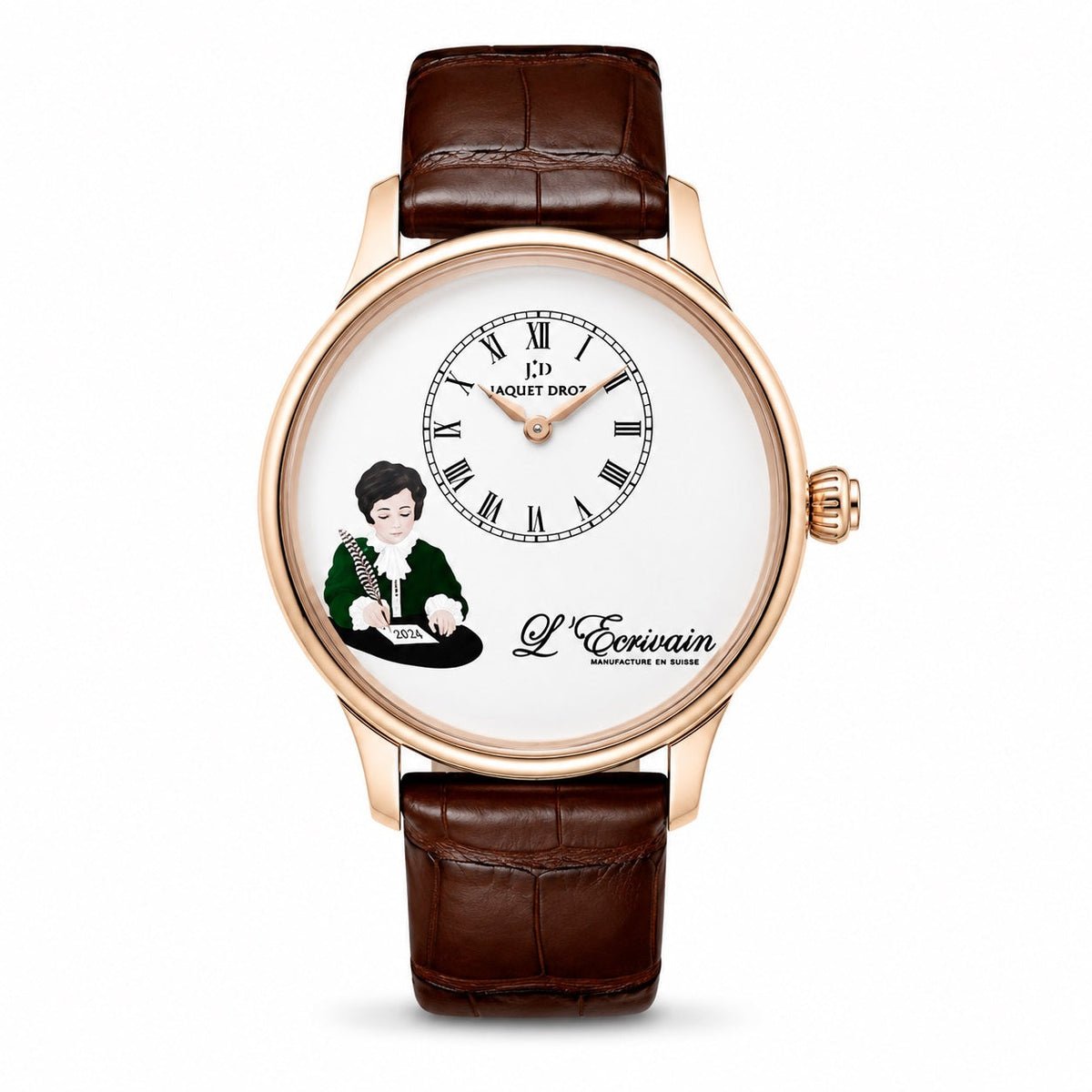 Jaquet Droz L’Écrivain watch with a white dial, Roman numeral time display, illustrated writer, rose gold-tone case, and brown leather strap.