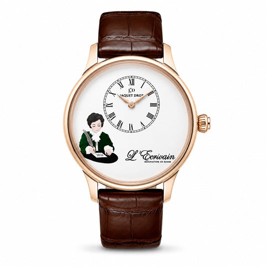 Jaquet Droz L’Écrivain watch with a white dial, Roman numeral time display, illustrated writer, rose gold-tone case, and brown leather strap.