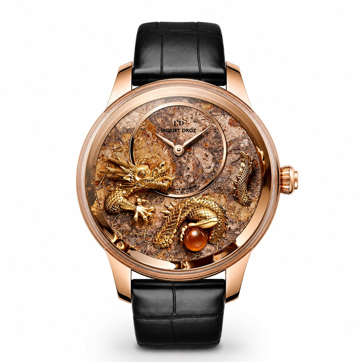 Jaquet Droz watch with a rose gold-tone case, textured dial featuring a raised gold-tone dragon and pearl, off-center time display, and black leather strap.