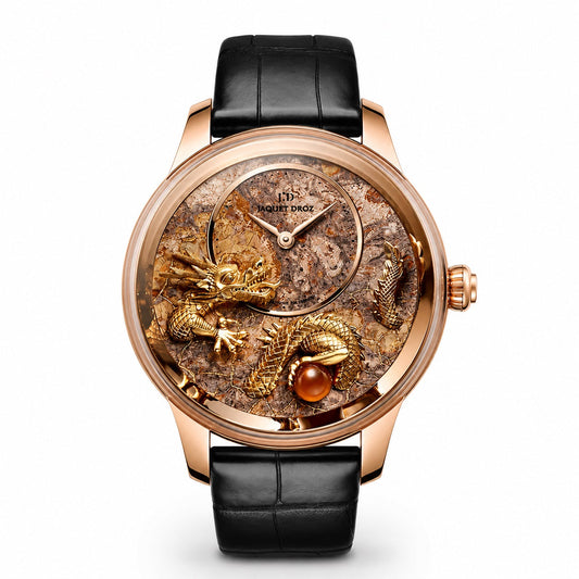 Jaquet Droz watch with a rose gold-tone case, textured dial featuring a raised gold-tone dragon and pearl, off-center time display, and black leather strap.