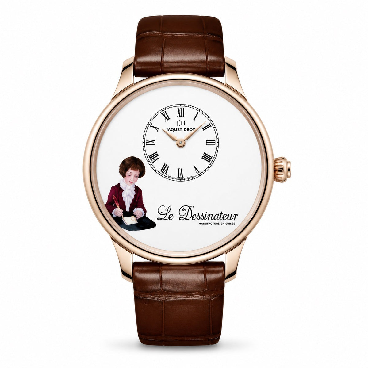 Jaquet Droz Le Dessinateur watch with a white dial, Roman numeral time display, illustrated figure, rose gold-tone case, and brown leather strap.