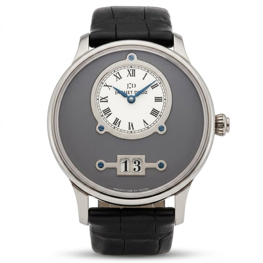 Jaquet Droz watch with a silver-tone case, grey dial, off-center white Roman numeral time display, blue hands, large date window, and black leather strap.