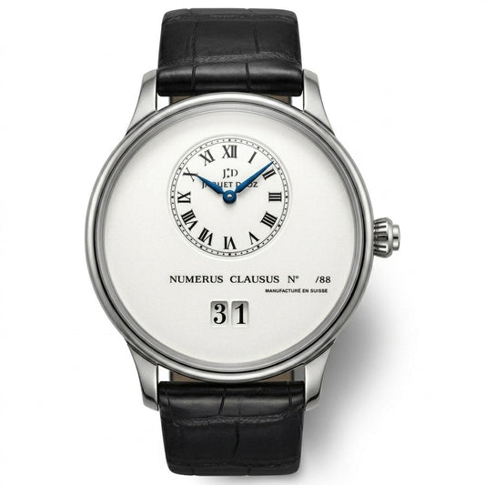Jaquet Droz Numerus Clausus watch with a silver-tone case, white dial, off-center Roman numeral time display, blue hands, large date window, and black leather strap.