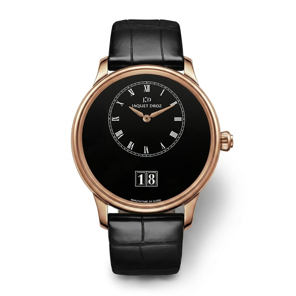 Jaquet Droz watch with a rose gold case, black dial, off-center Roman numeral time display, large date window, and black leather strap.