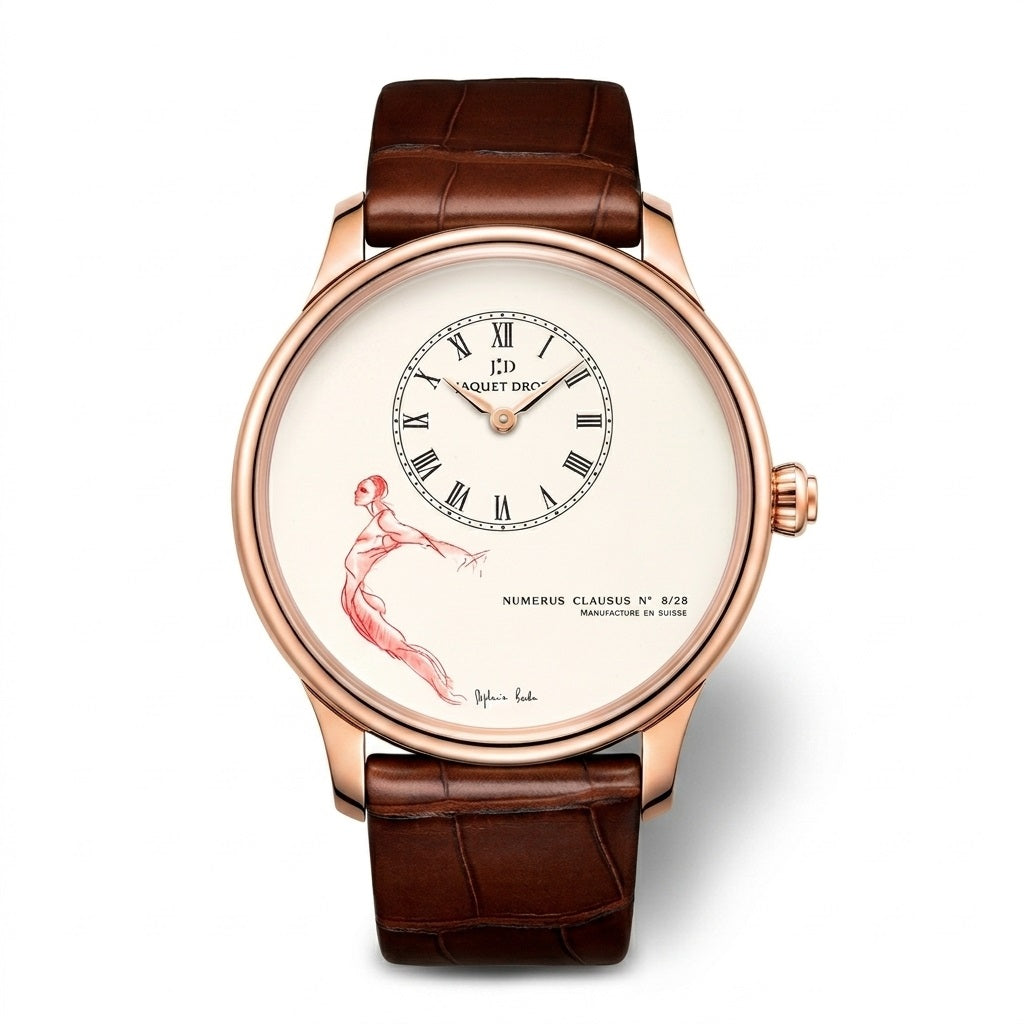 Jaquet Droz wristwatch with a rose gold case, off-center Roman numeral dial, illustrated white watch face, and brown leather strap.