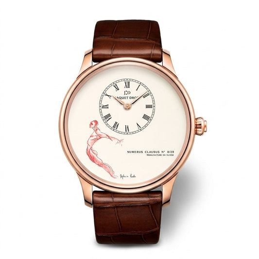 Jaquet Droz wristwatch with a rose gold case, off-center Roman numeral dial, illustrated white watch face, and brown leather strap.