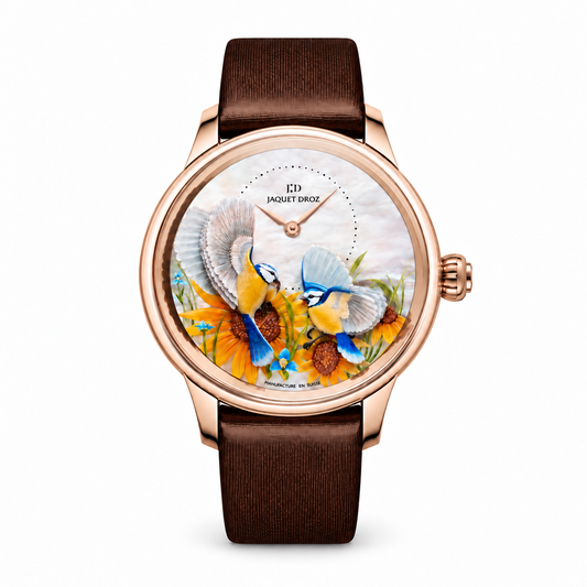 Jaquet Droz watch with a rose gold-tone case, dial depicting two birds among yellow flowers, and brown leather strap.