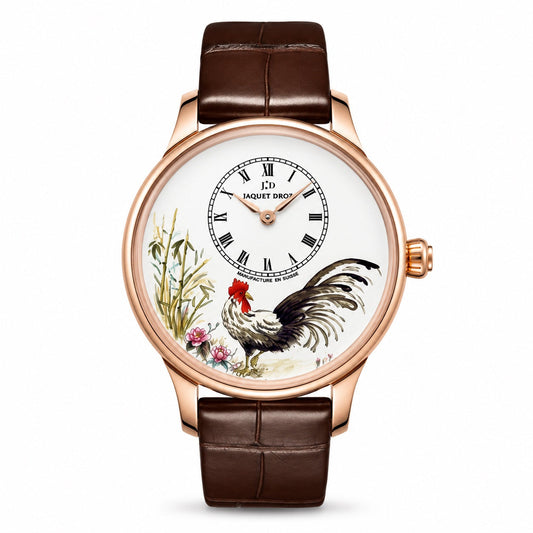 Jaquet Droz watch with a white dial, Roman numeral time display, hand-painted rooster and floral design, rose gold-tone case, and brown leather strap.