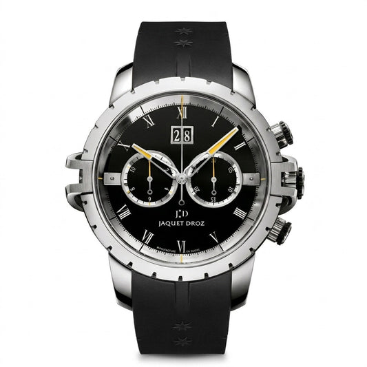 Jaquet Droz chronograph watch with a silver-tone case, black dial, Roman numerals, two subdials, large date display, and black rubber strap.