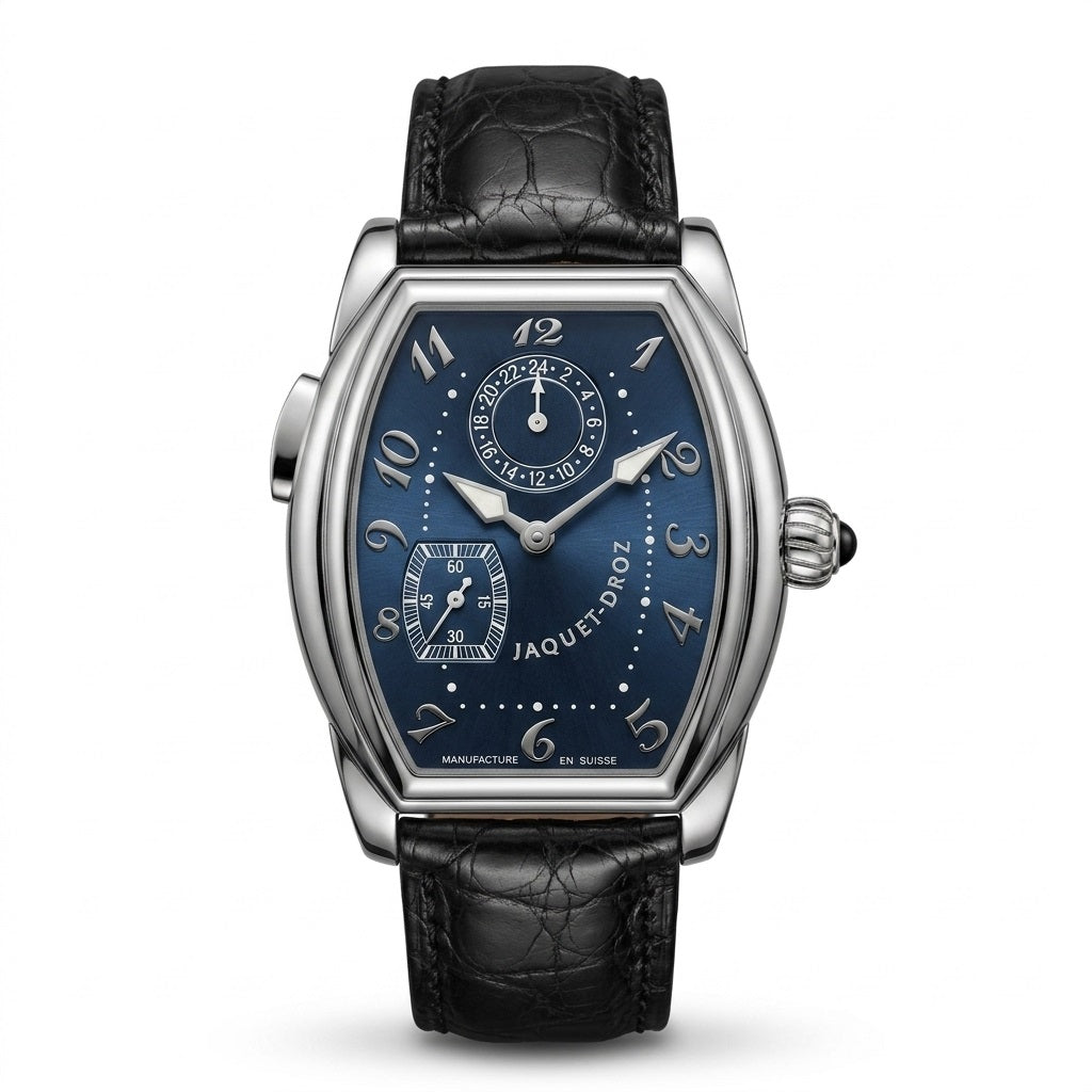 Jaquet Droz watch with a silver-tone tonneau case, dark blue dial with two subdials, and black leather strap.