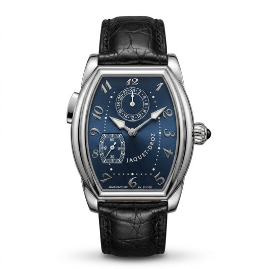 Jaquet Droz watch with a silver-tone tonneau case, dark blue dial with two subdials, and black leather strap.