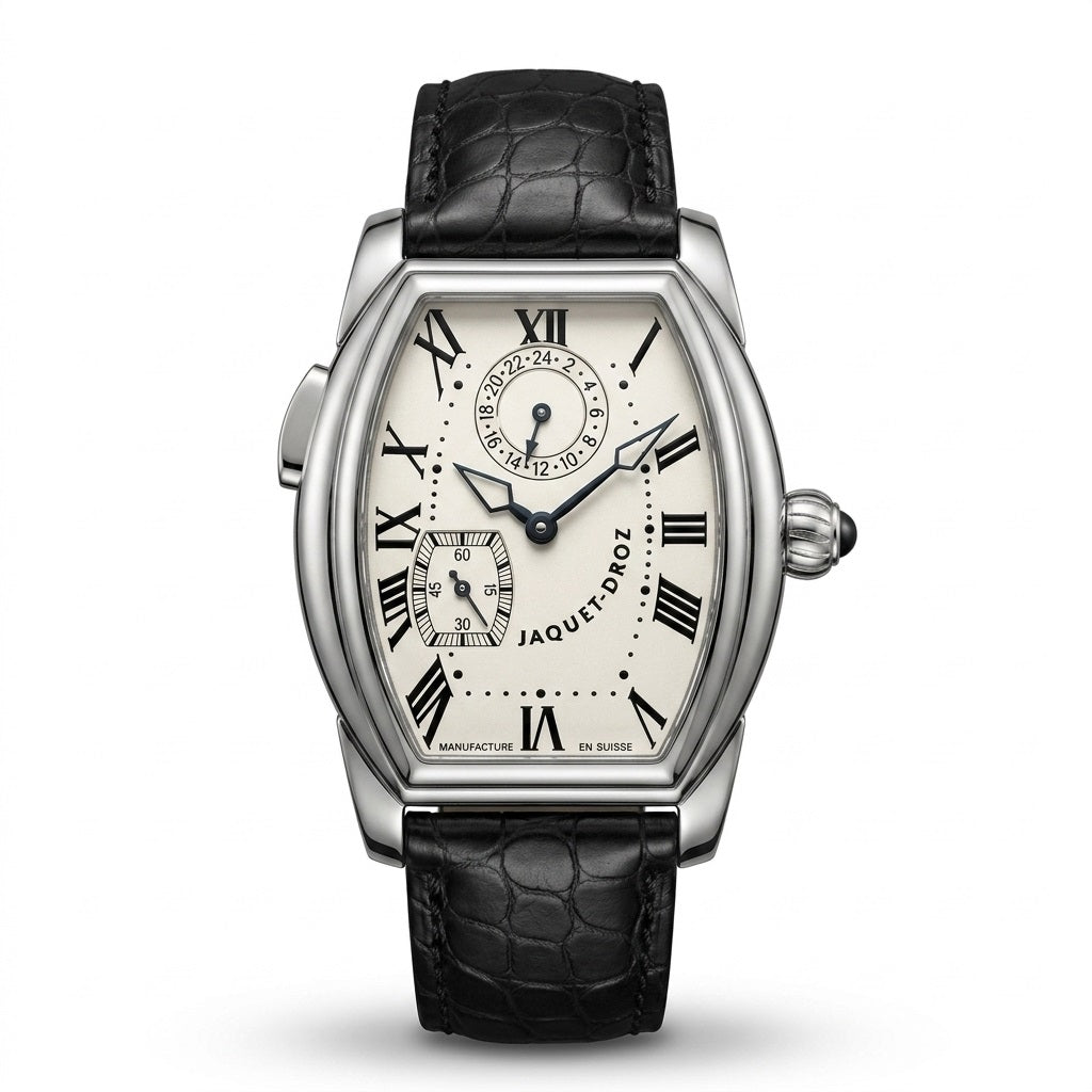 Jaquet Droz watch with a silver-tone tonneau case, white dial with black Roman numerals and two subdials, and a black leather strap.