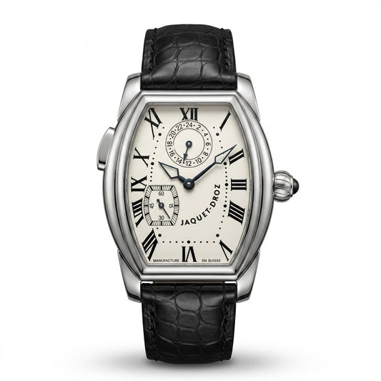 Jaquet Droz watch with a silver-tone tonneau case, white dial with black Roman numerals and two subdials, and a black leather strap.