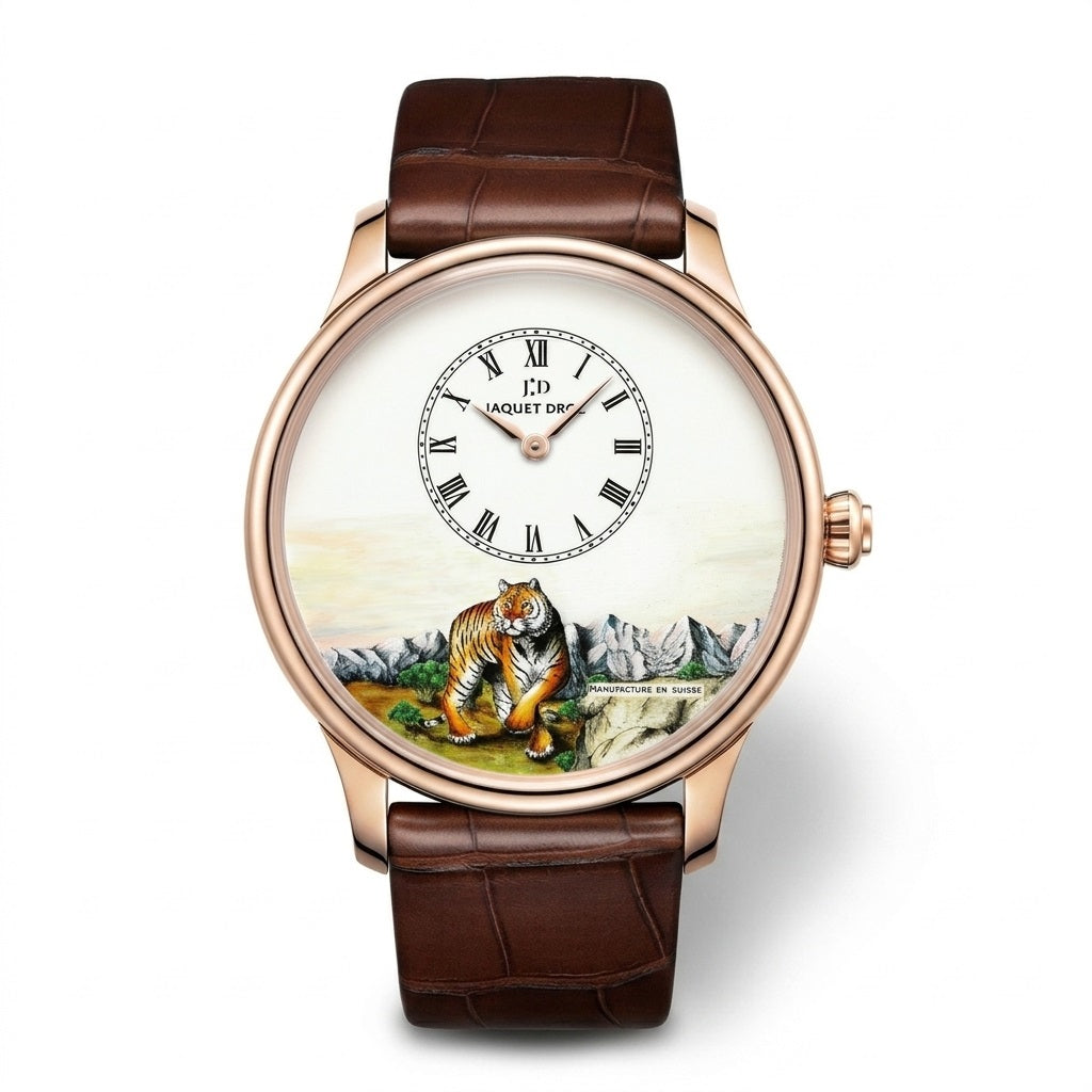 Jaquet Droz watch with a rose gold-tone case, off-center Roman numeral dial, painted tiger and mountain scene, and brown leather strap.