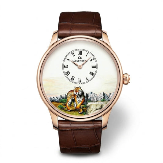 Jaquet Droz watch with a rose gold-tone case, off-center Roman numeral dial, painted tiger and mountain scene, and brown leather strap.