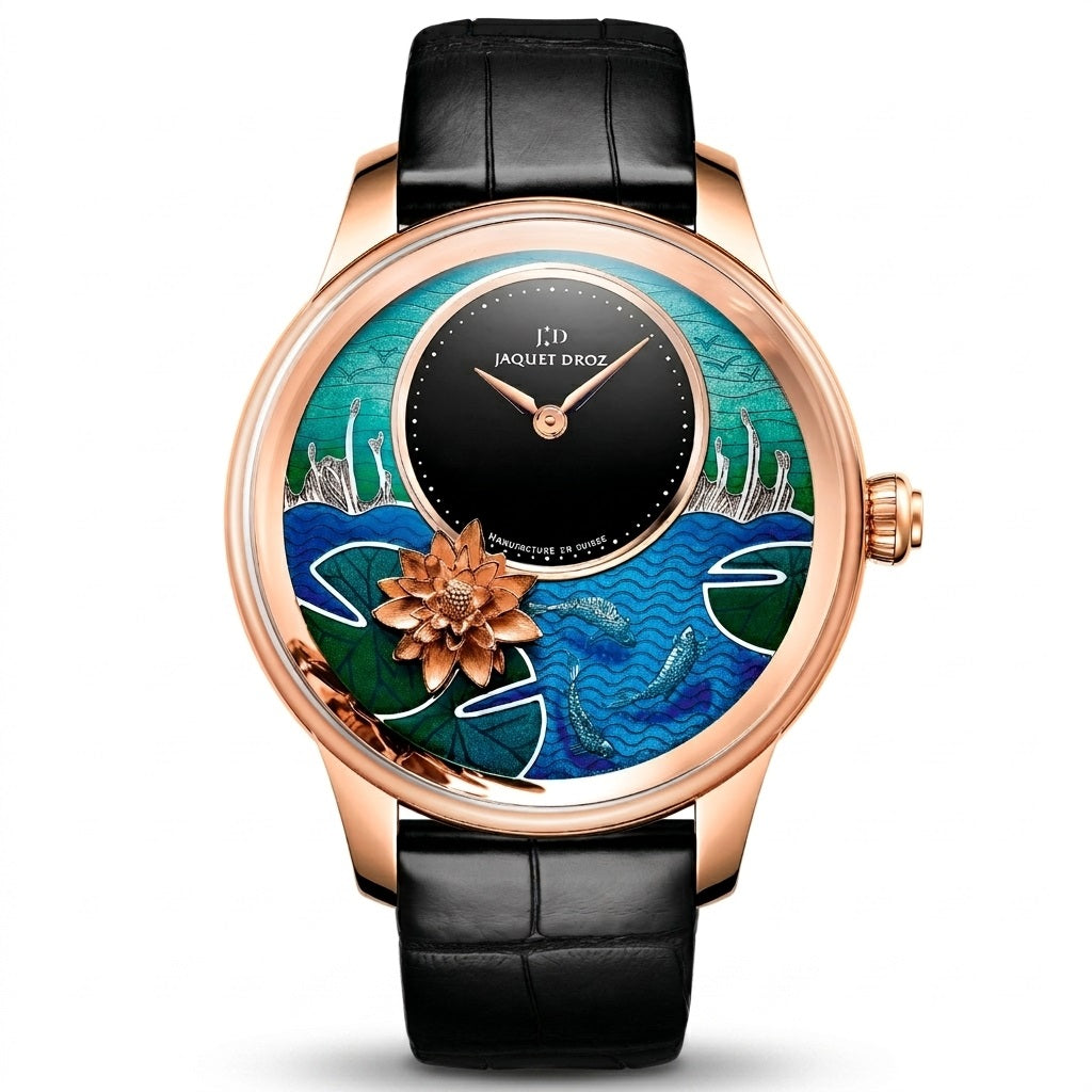 Jaquet Droz watch with a rose gold-tone case, black time display, blue and green illustrated dial with a raised rose gold-tone flower, and black leather strap.