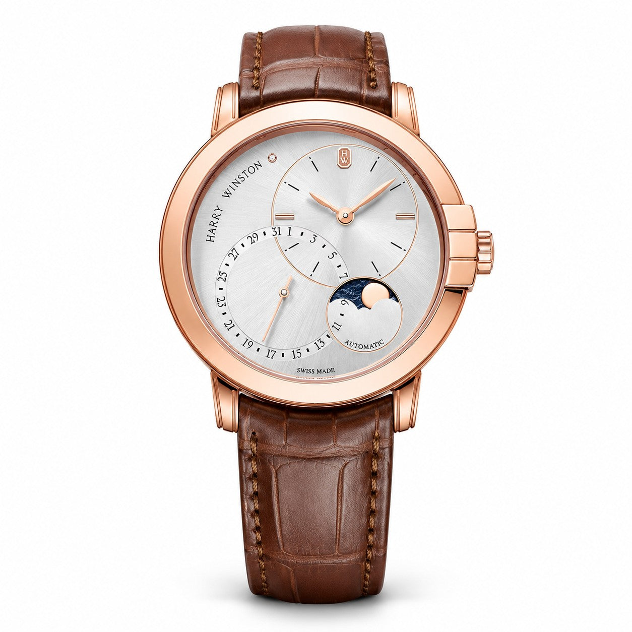HARRY WINSTON Midnight Date Moon Phase Automatic, 18k Rose Gold, Brown Strap, 42mm