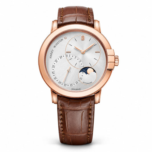 HARRY WINSTON Midnight Date Moon Phase Automatic, 18k Rose Gold, Brown Strap, 42mm