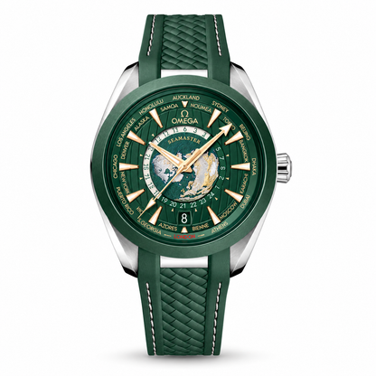 Omega Seamaster Worldtimer watch with a green world map dial, city ring, gold tone hands and hour markers, green bezel and matching textured strap.