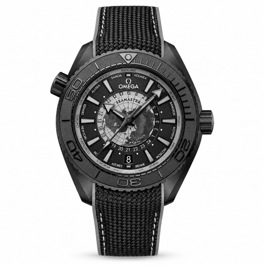 Omega Seamaster Worldtimer watch with a black and grey world map dial, city ring, date window, black case and textured black strap with contrasting stitching.