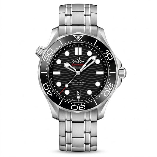 Omega Seamaster Diver 300M watch with a black wave-pattern dial, black bezel, date display, and silver-tone metal bracelet.