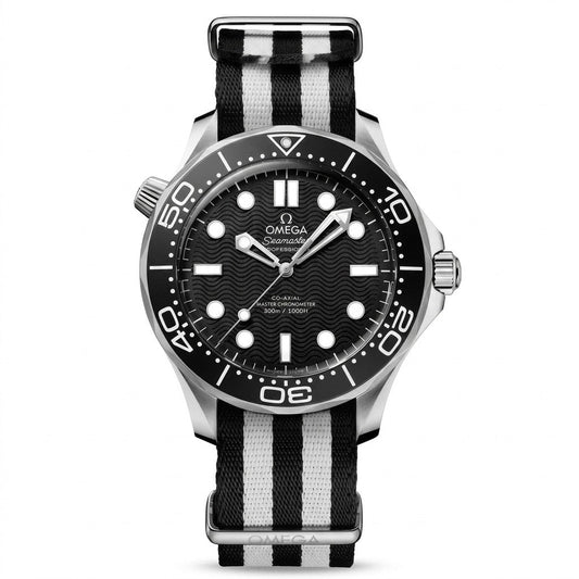 Omega Seamaster Diver 300M watch with a black wave-pattern dial, black bezel, silver-tone case, and black-and-grey striped fabric strap.