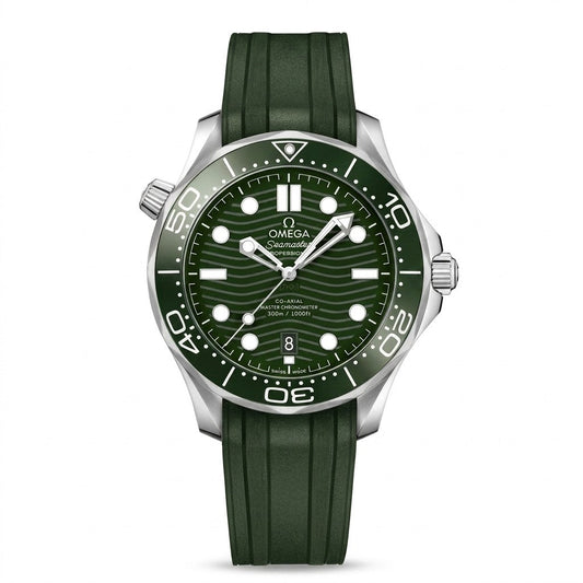 Omega Seamaster Diver 300M watch with a green wave-pattern dial, green bezel and rubber strap, silver-tone case, and date window.