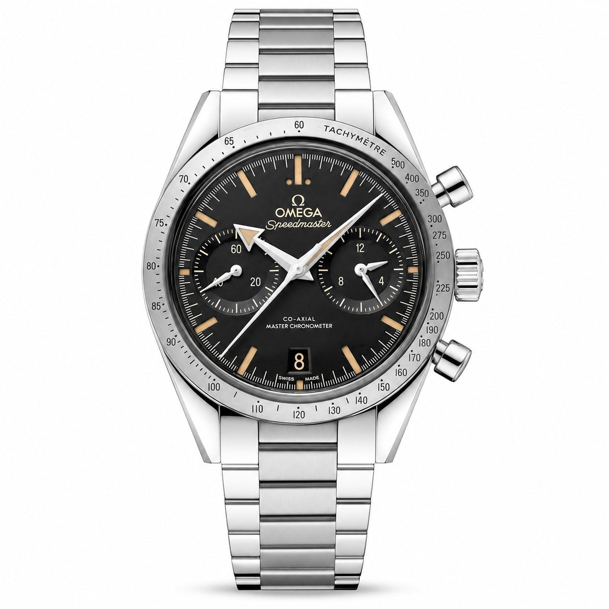 Omega Speedmaster chronograph with a black dial, gold-tone hour markers, two subdials, silver-tone tachymeter bezel, and metal bracelet.