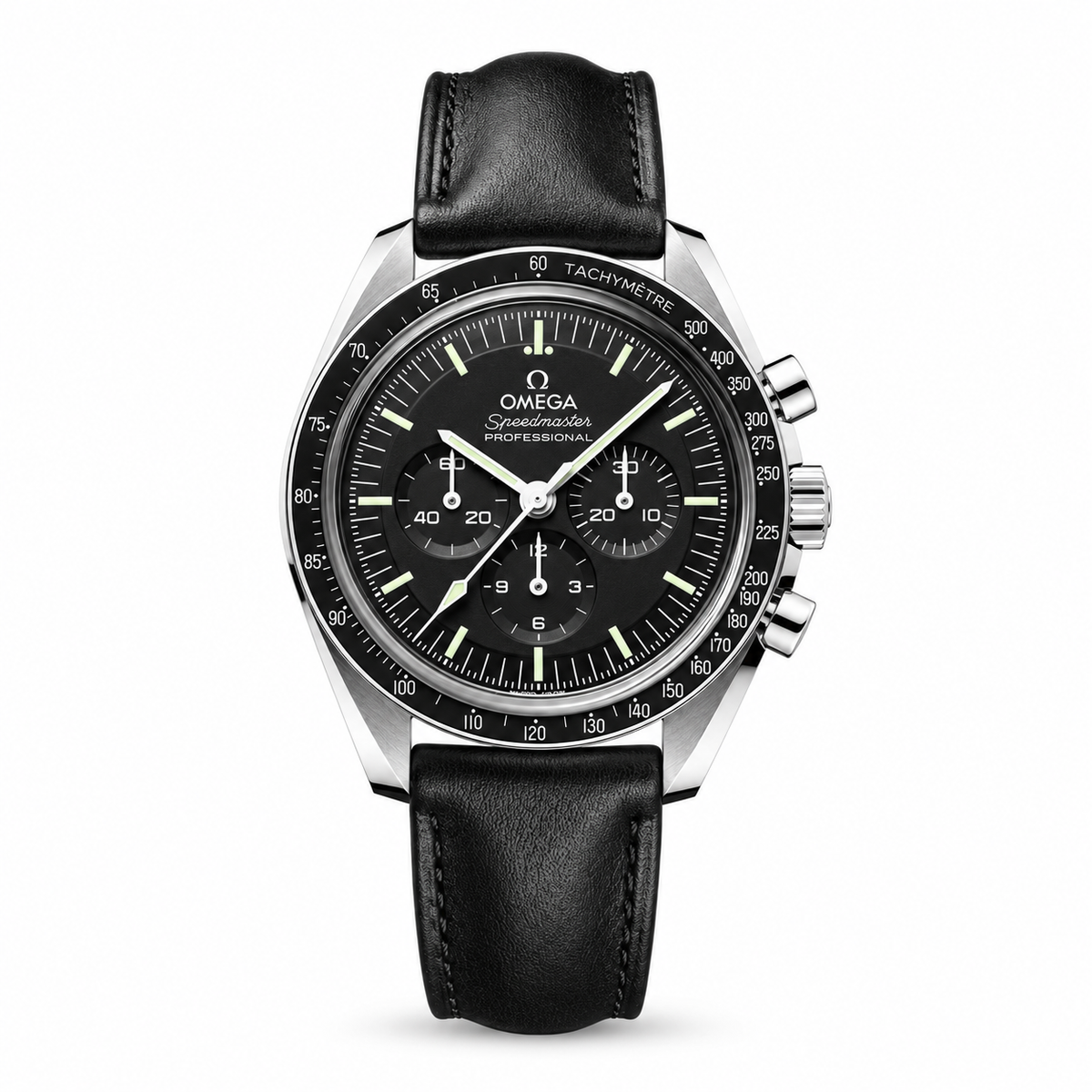 Omega Speedmaster Professional chronograph with a black dial, three subdials, luminous hands and hour markers, black tachymeter bezel and black leather strap.