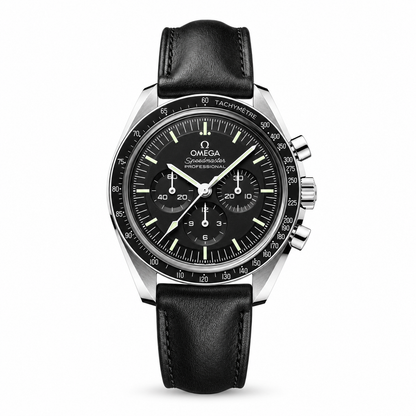 Omega Speedmaster Professional chronograph with a black dial, three subdials, luminous hands and hour markers, black tachymeter bezel and black leather strap.