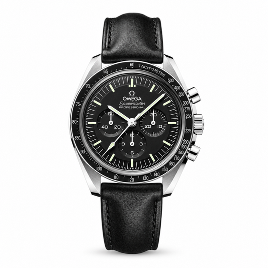 Omega Speedmaster Professional chronograph with a black dial, three subdials, luminous hands and hour markers, black tachymeter bezel and black leather strap.