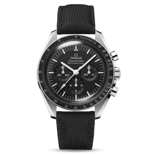 Omega Speedmaster Professional chronograph with a black dial, three subdials, black tachymeter bezel, silver-tone case, and black fabric strap.
