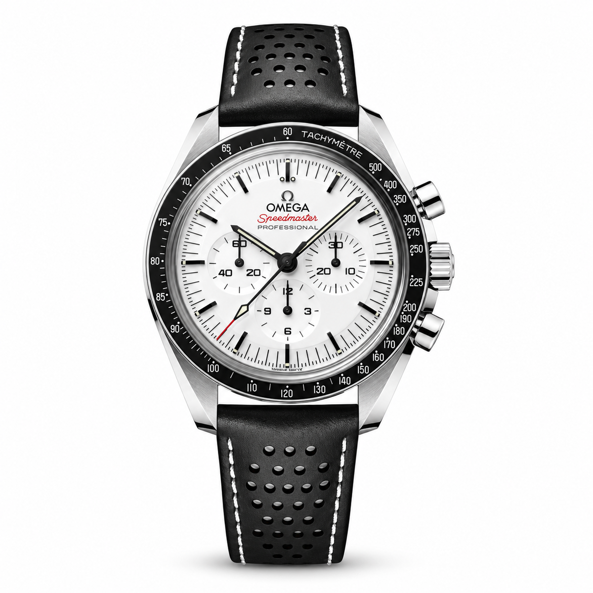 Omega Speedmaster Professional chronograph with a white dial, three subdials, black tachymeter bezel and perforated black leather strap with white stitching.