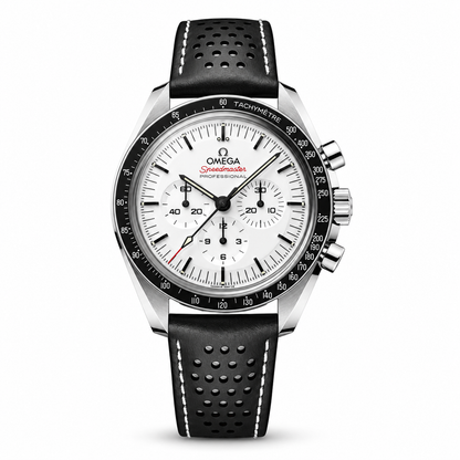 Omega Speedmaster Professional chronograph with a white dial, three subdials, black tachymeter bezel and perforated black leather strap with white stitching.