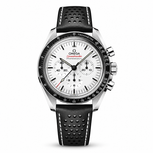 Omega Speedmaster Professional chronograph with a white dial, three subdials, black tachymeter bezel and perforated black leather strap with white stitching.