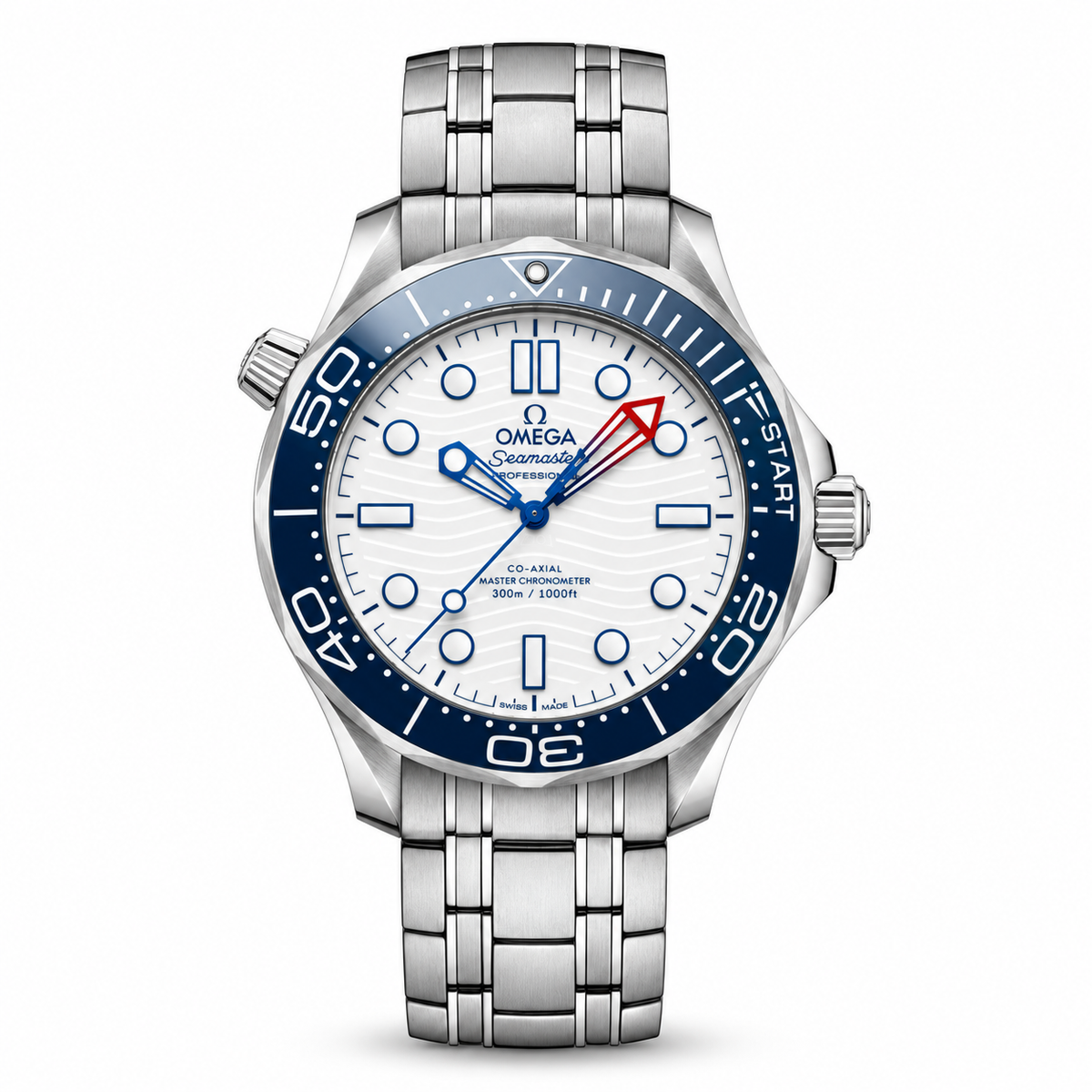 Omega Seamaster Diver 300M watch with a white wave-pattern dial, blue bezel and hands, red-tipped minute hand and silver tone metal bracelet.