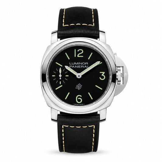 Panerai Luminor watch with a black dial, green hour markers, small seconds subdial, silver-tone case, and black leather strap with contrast stitching.