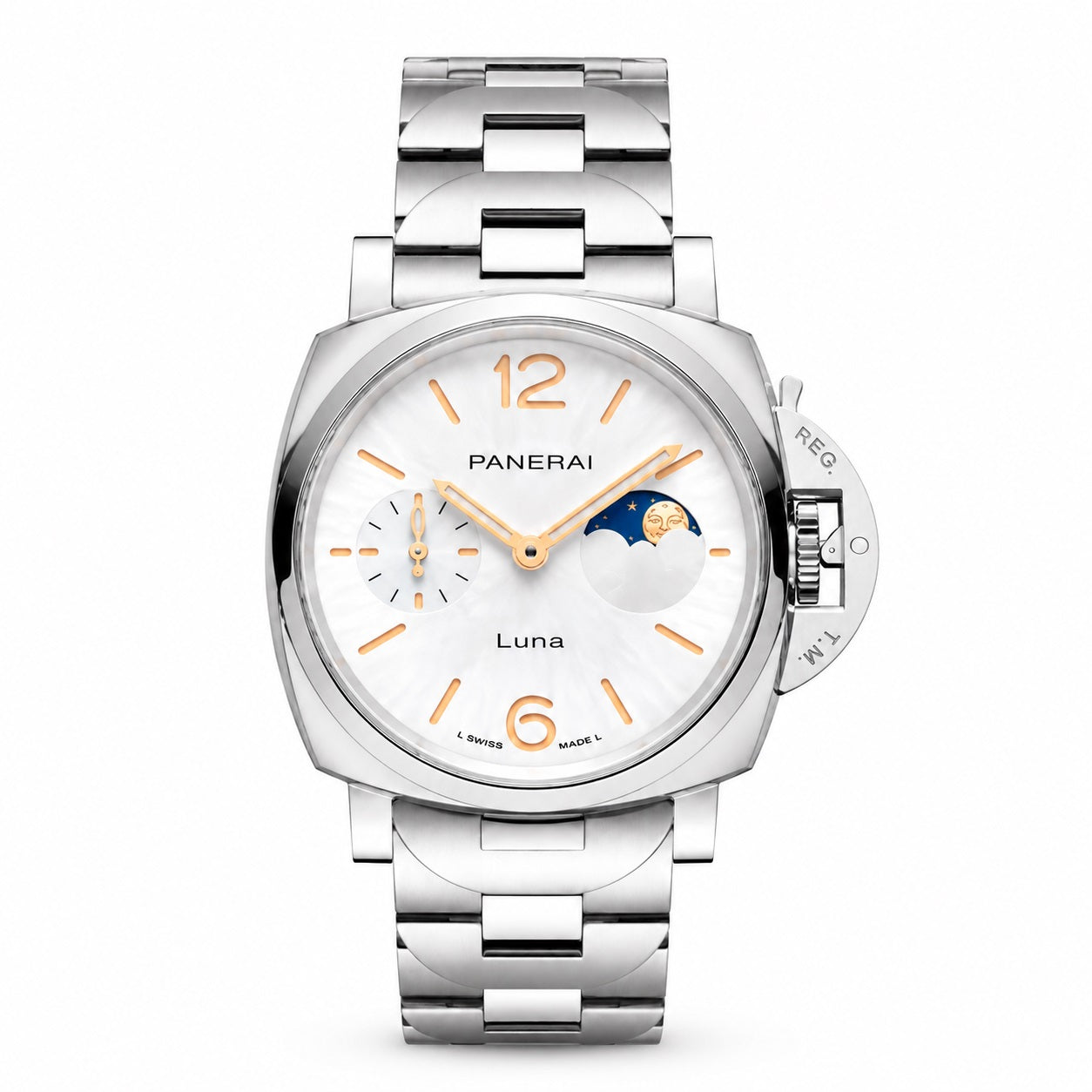 PANERAI Silver watch with white face and moon phase indicator 