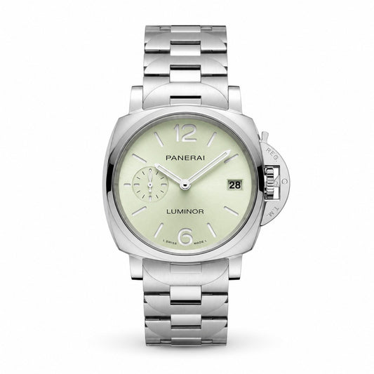PANERAI Silver watch with a light green face on a white background