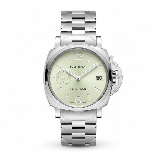 Panerai Luminor watch with a pale green dial, small seconds display, date window, silver-tone cushion case, and metal bracelet.