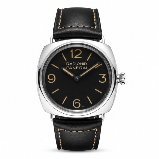 Panerai Radiomir watch with a black dial, gold-tone numerals, silver-tone cushion case, and black leather strap with beige stitching.