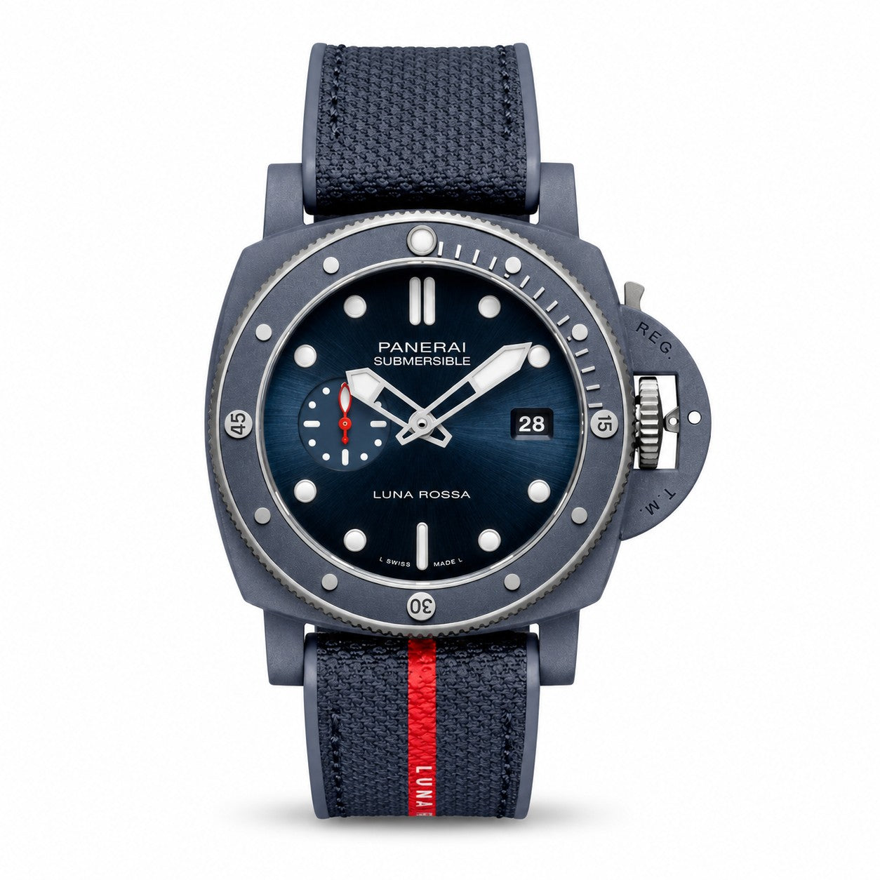 Panerai watch with blue strap and black dial 
