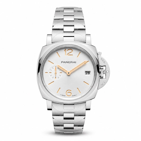 Silver Panerai watch with a white face