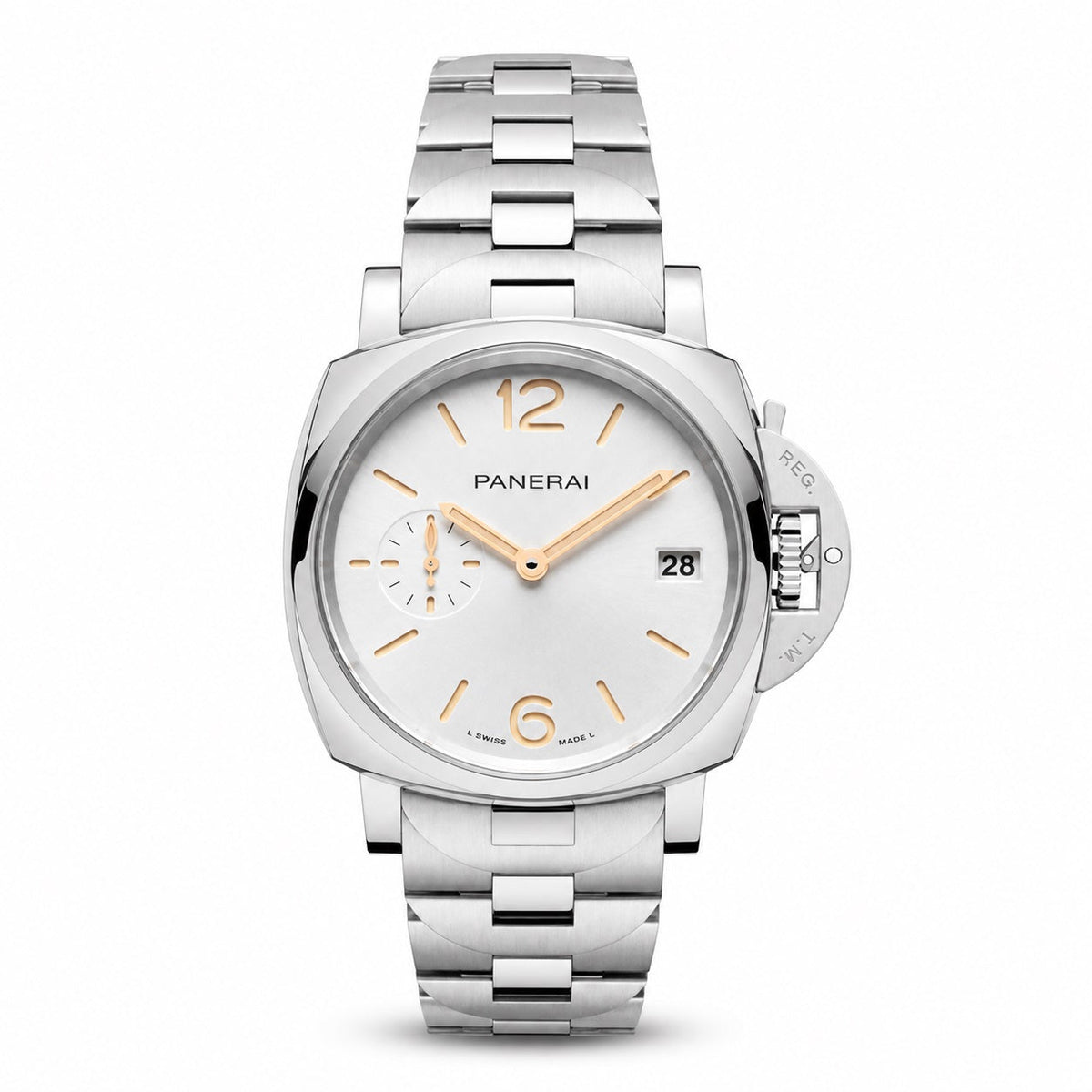 Panerai watch with a silver dial, gold-tone markers, small seconds dial, date window, and silver-tone metal bracelet.