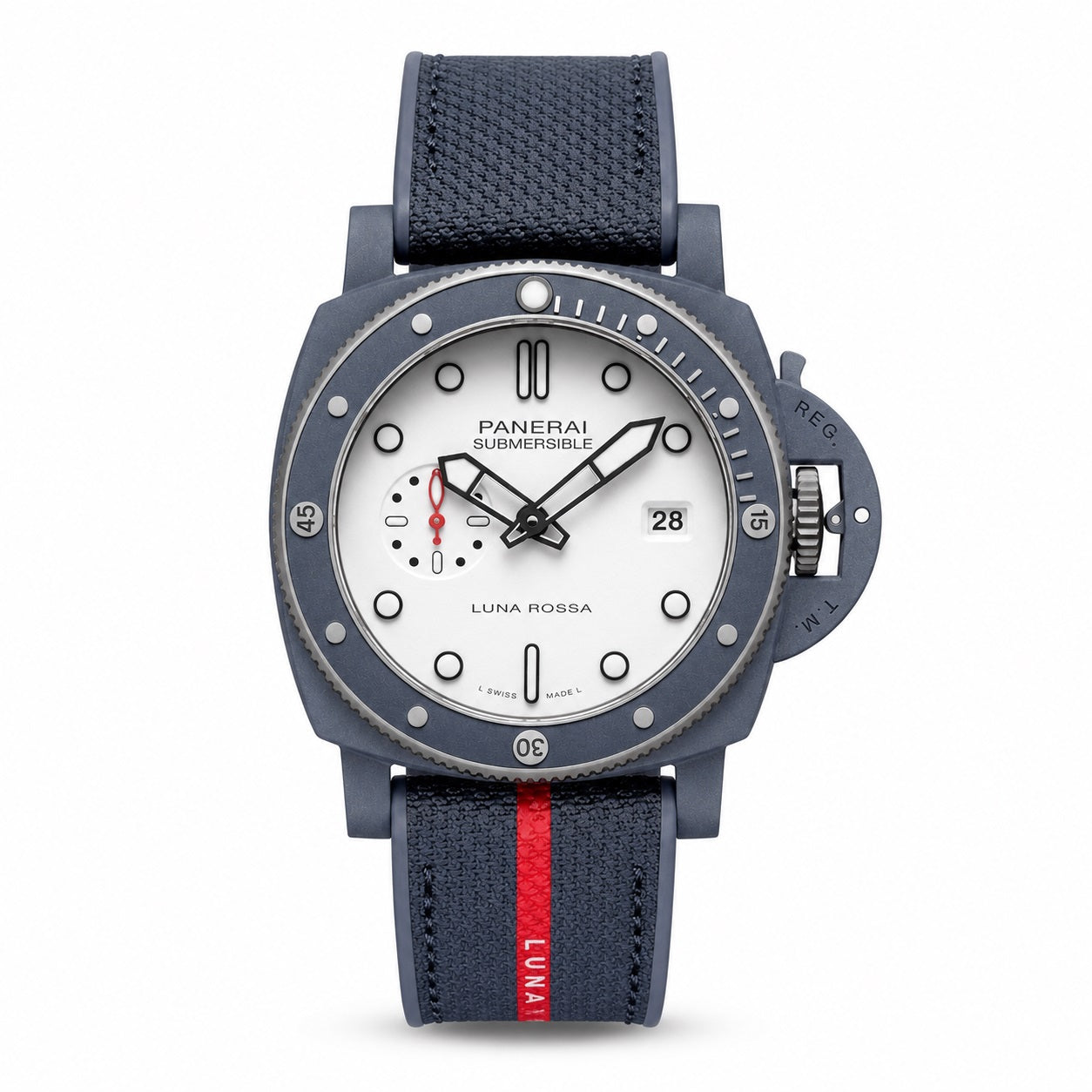 Panerai watch with blue strap and white face 