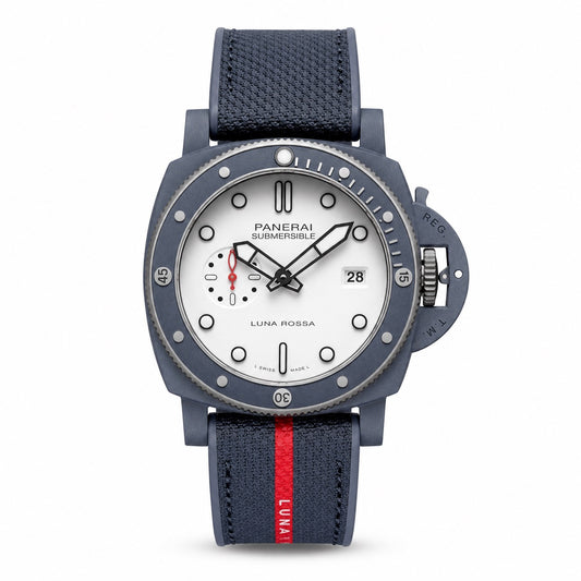 Panerai watch with blue strap and white face 