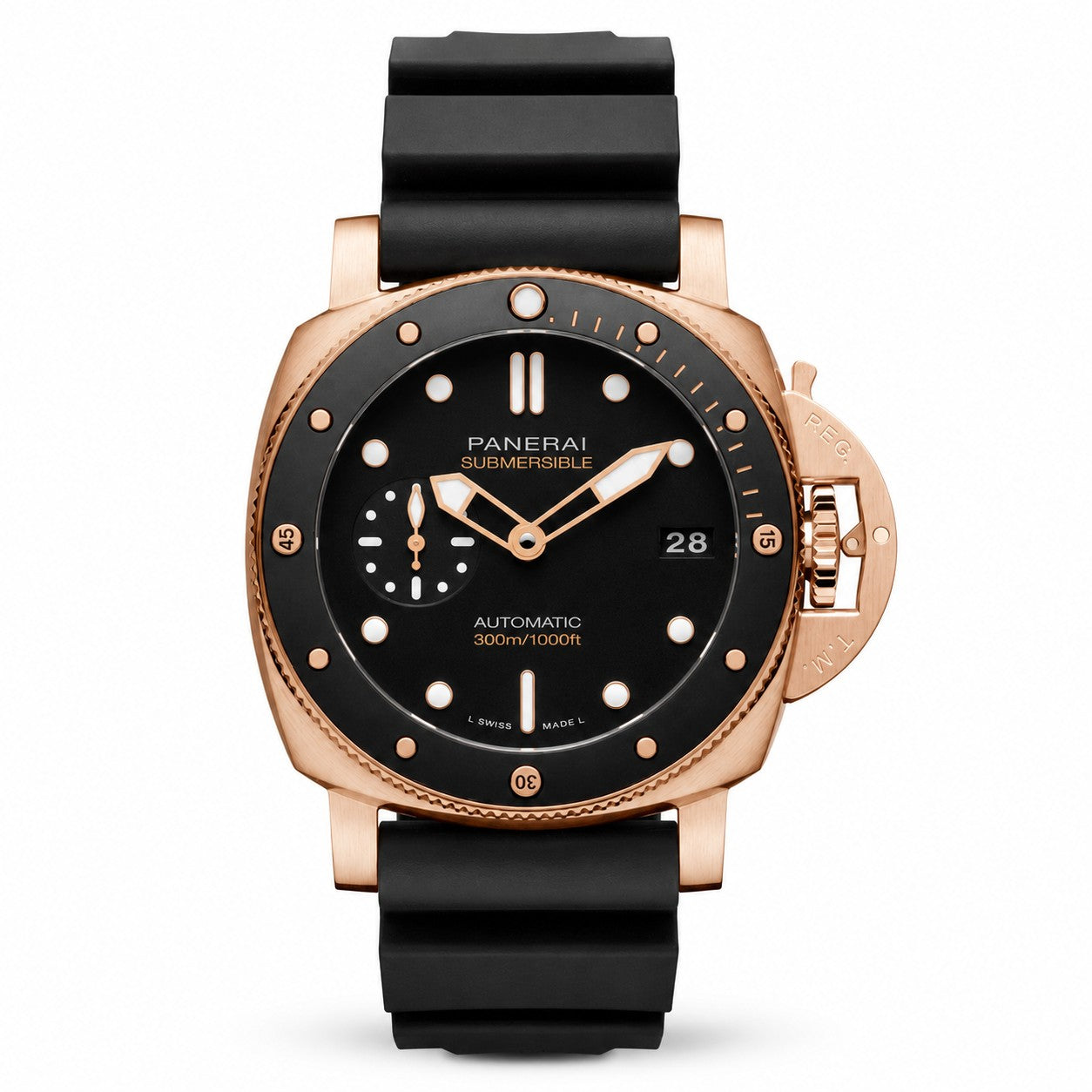 Panerai watch with black strap and rose gold case