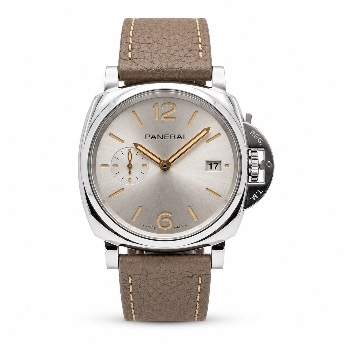 Panerai watch with a silver-tone case and dial, gold-tone markers, small seconds subdial, date window, and taupe leather strap.